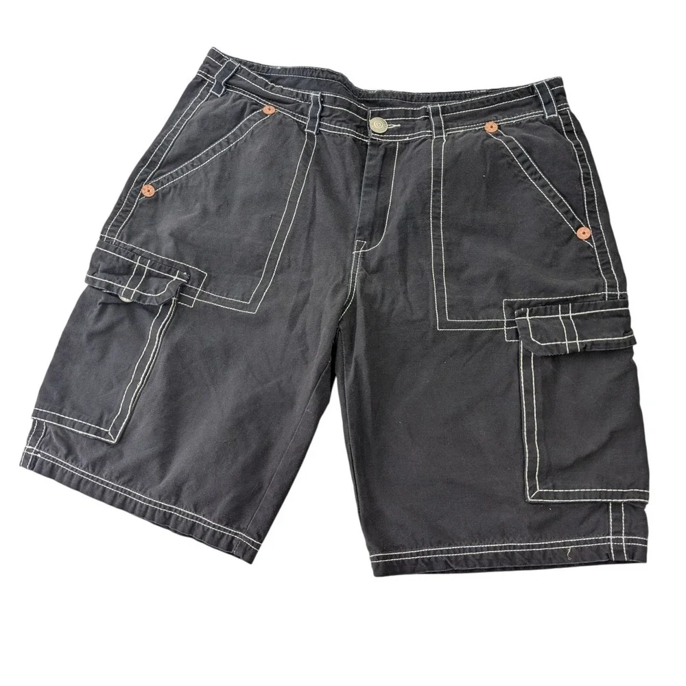 Vintage True Religion Cargo Shorts Mens 38 Black Big T USA Utility Flap Pockets
